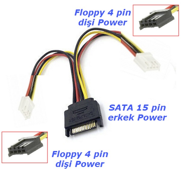 SATA to Floppy Power Dönüştürücü Kablo (SATA erkek-2x Floppy dişi)