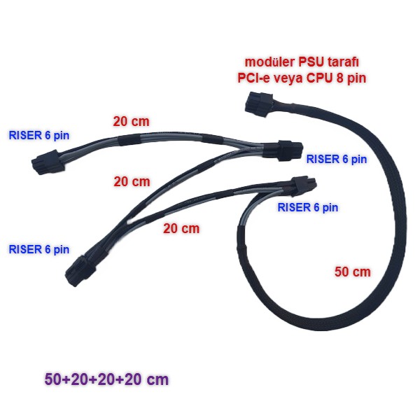 Modüler PSU Power Kablosu (PCI-e veya CPU 8 pin to 4 adet RISER 6 pin) (50+20+20+20 cm)