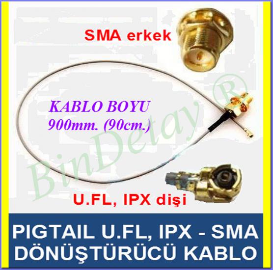 Pigtail Kablo U.FL IPX to SMA erkek-dışdiş (90 cm) (U.FL dişi MHF1 modeldir)